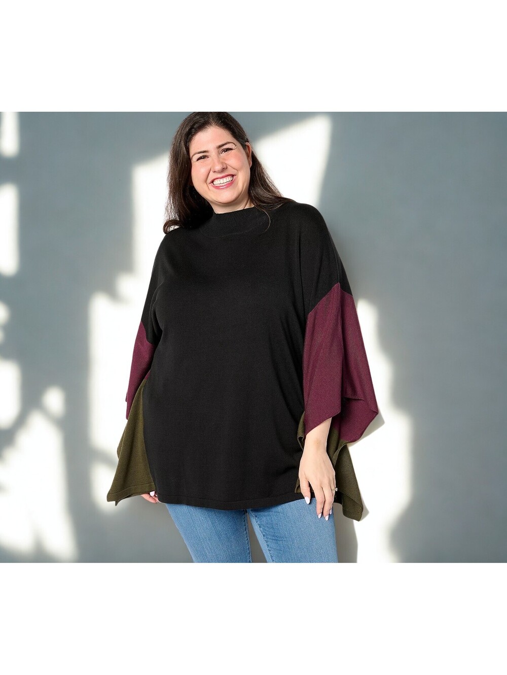 Belle by Kim Gravel Women's Top Sweater Color Block Poncho Black Size L